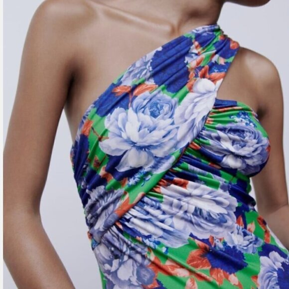 ZARA NWT Women's Blue Multi Floral Asymmetrical One Shoulder Bodysuit Size Med - Picture 2 of 15